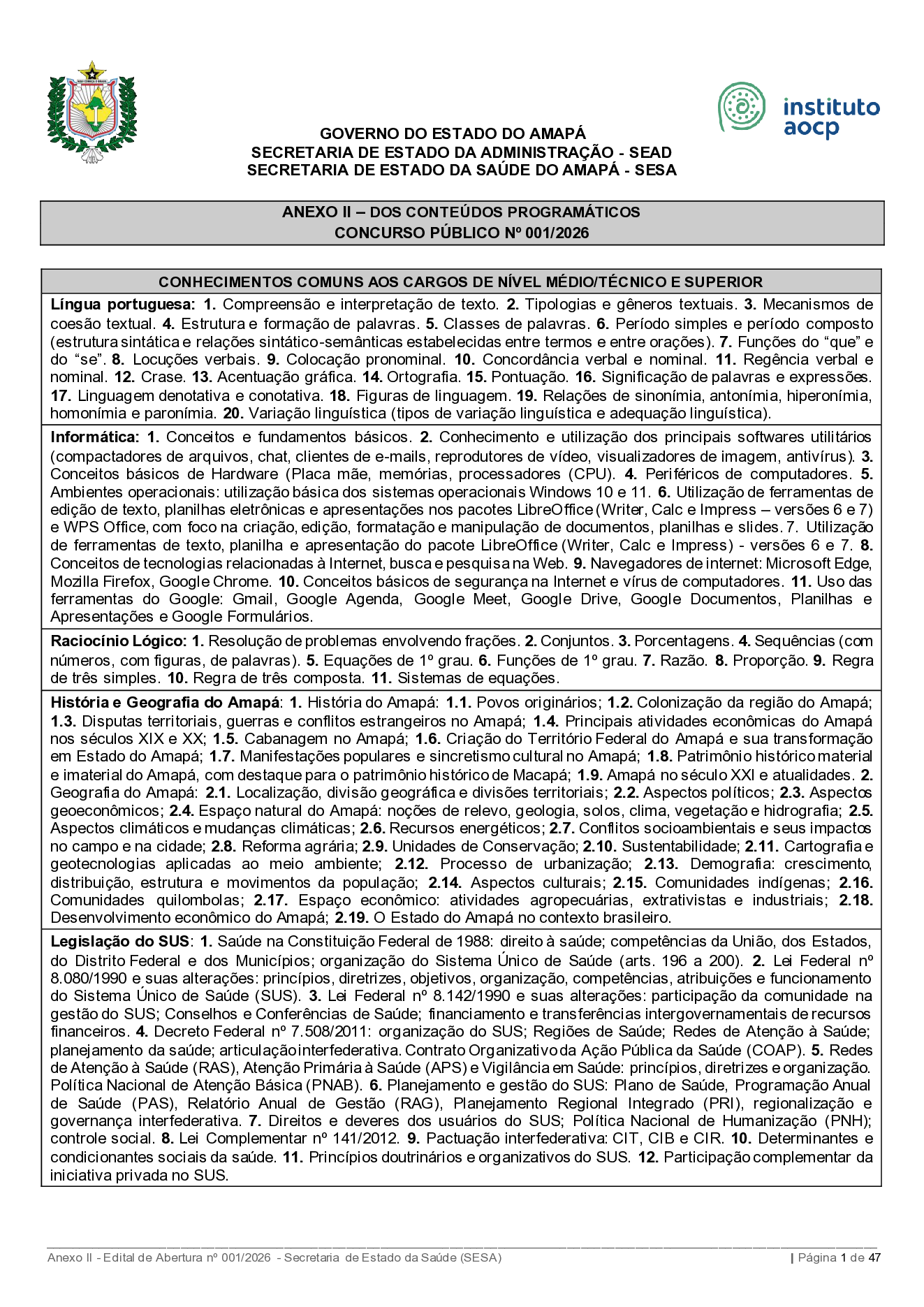 Página do edital com o conteúdo de Legislação do SUS